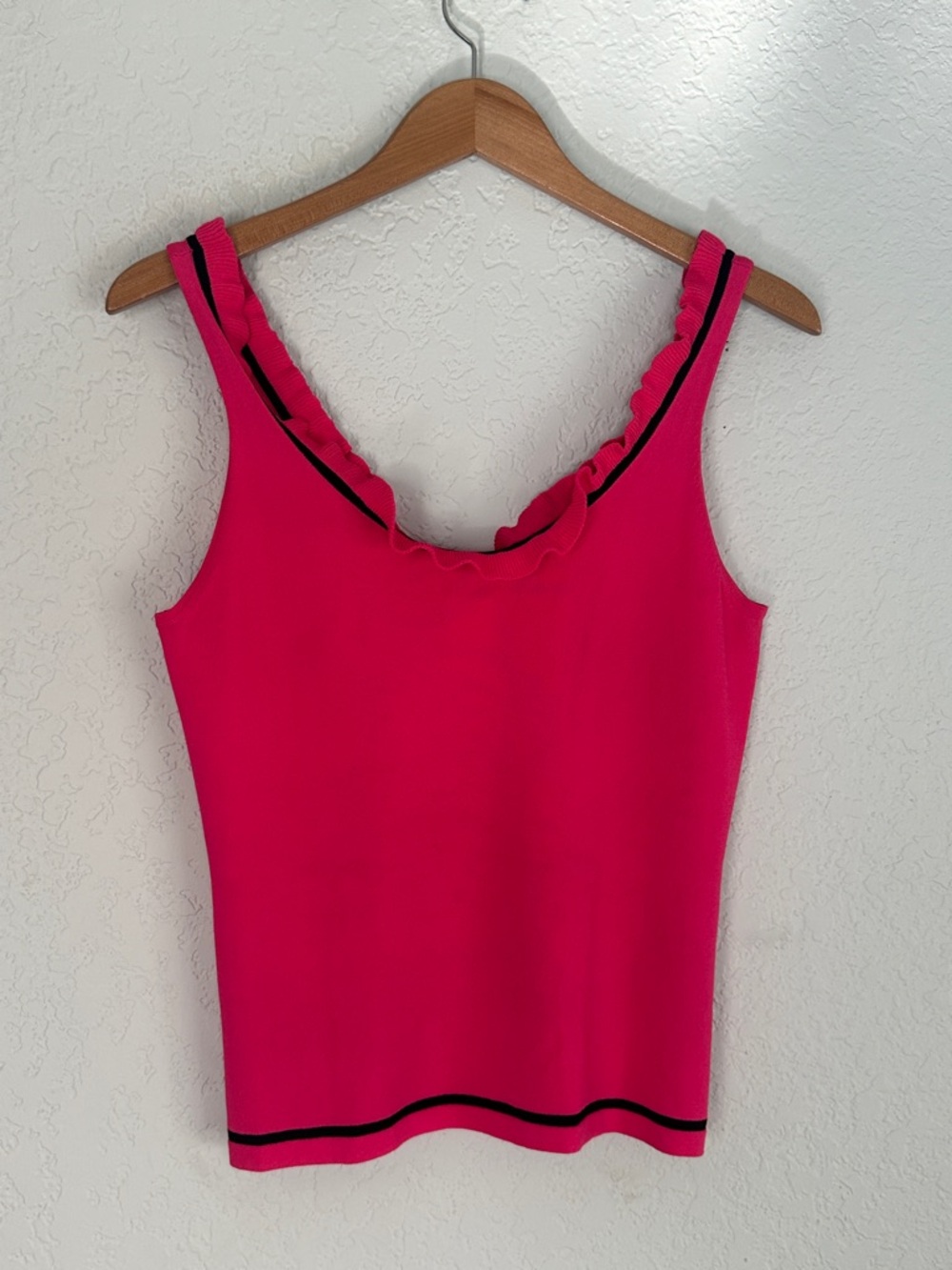 Vintage Cache Hot Pink Tank Top Black Trim Ruffle Summer Feminine Girly Medium